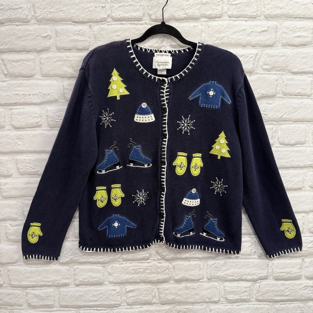 Vtg Christopher & Banks L Cardigan Embroidered Winter Christmas Nordic Fair Isle